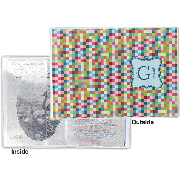 Retro Pixel Squares Vinyl Passport Holder - Flat Front and Back
