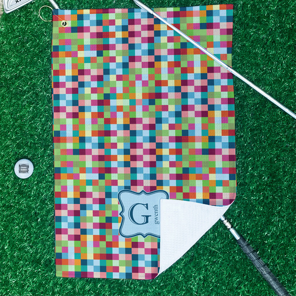 Retro Pixel Squares Waffle Weave Golf Towel - In Context