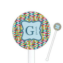 Retro Pixel Squares 5.5" Round Plastic Stir Sticks - White - Single Sided (Personalized)