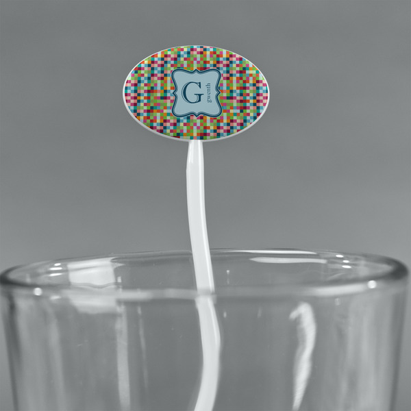 Retro Pixel Squares White Plastic 7" Stir Stick - Oval - Main