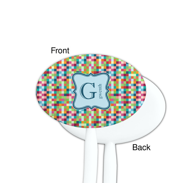 Retro Pixel Squares White Plastic 7" Stir Stick - Single Sided - Oval - Front & Back
