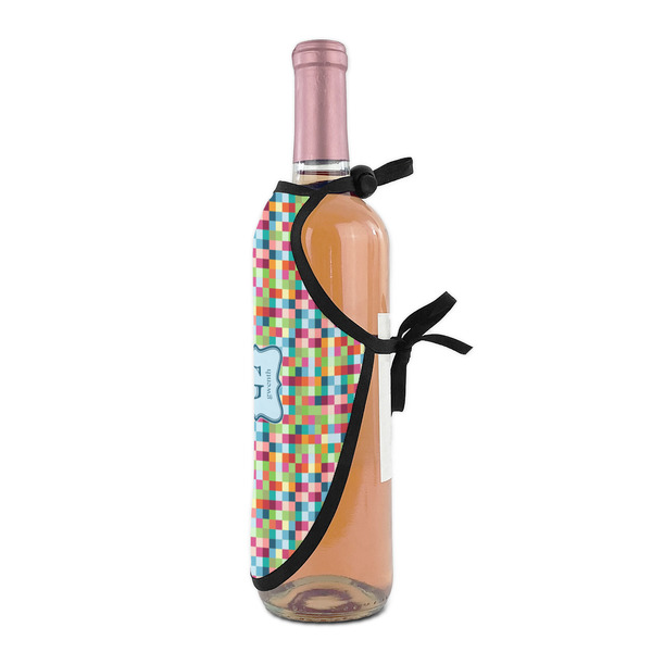 Retro Pixel Squares Wine Bottle Apron - DETAIL WITH CLIP ON NECK