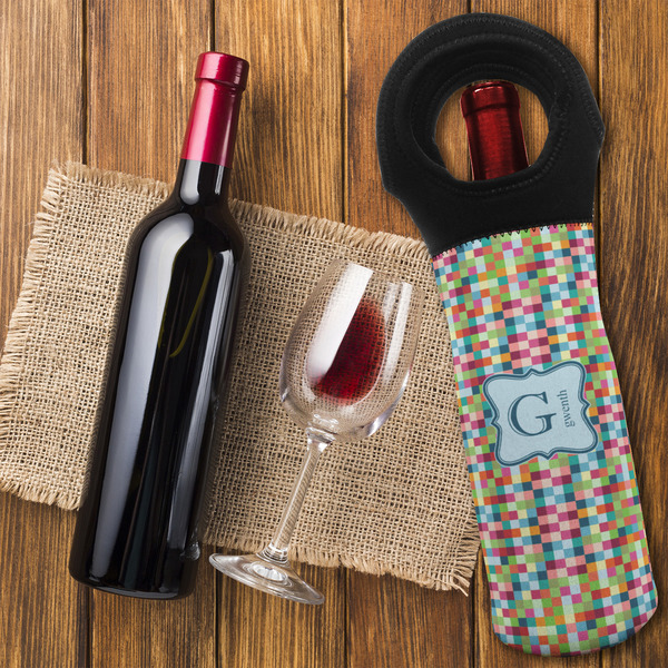 Retro Pixel Squares Wine Tote Bag - FLATLAY