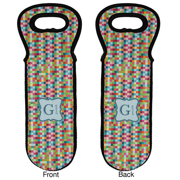 Retro Pixel Squares Wine Tote Front & Back