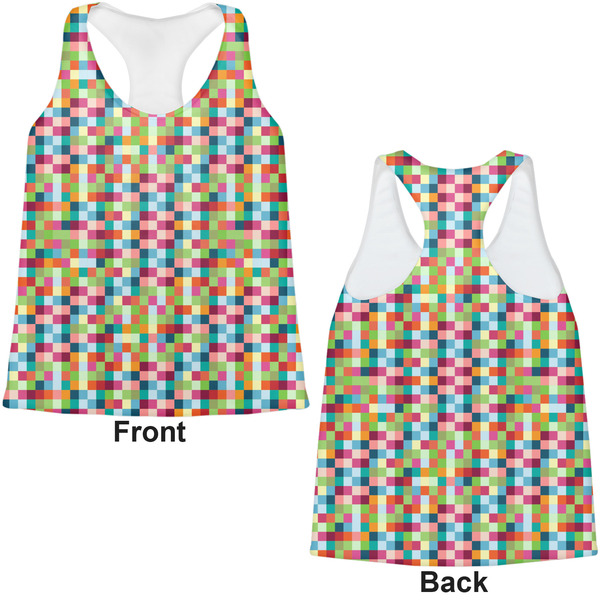 Retro Pixel Squares Womens Racerback Tank Tops - Medium - Front and Back