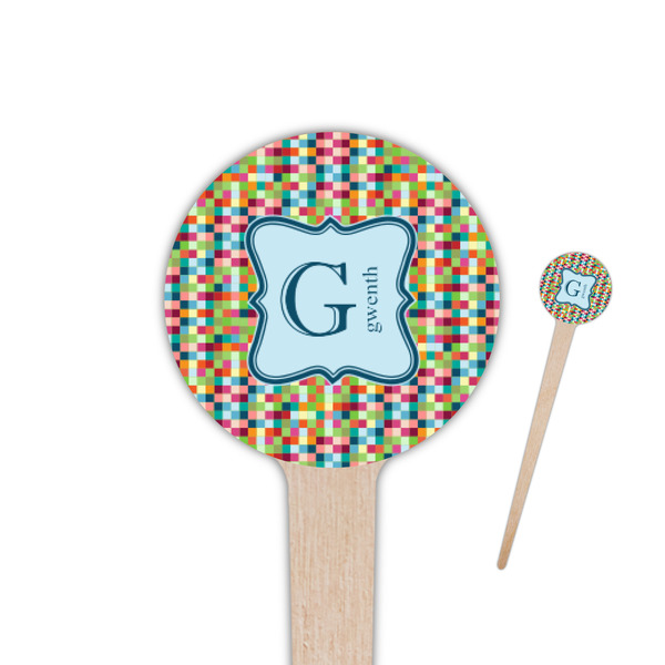 Custom Retro Pixel Squares 4" Round Wooden Food Picks - Single Sided (Personalized)