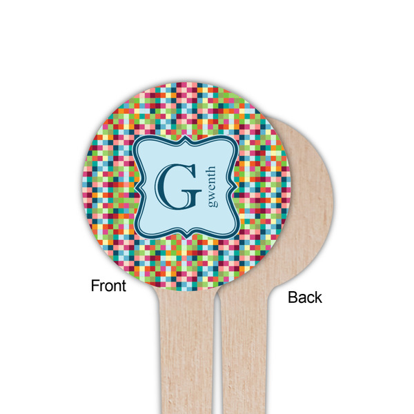 Retro Pixel Squares Wooden 4" Food Pick - Round - Single Sided - Front & Back