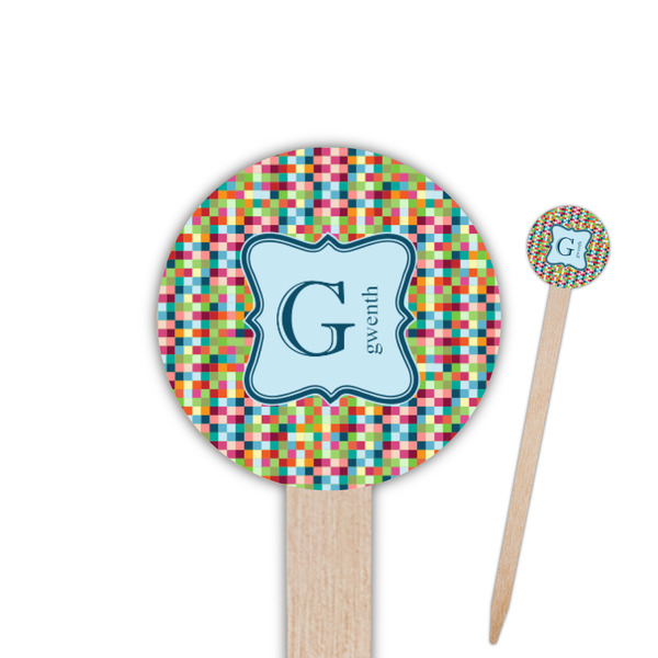 Custom Retro Pixel Squares 6" Round Wooden Food Picks - Double Sided (Personalized)