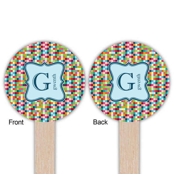 Retro Pixel Squares Wooden 6" Food Pick - Round - Double Sided - Front & Back