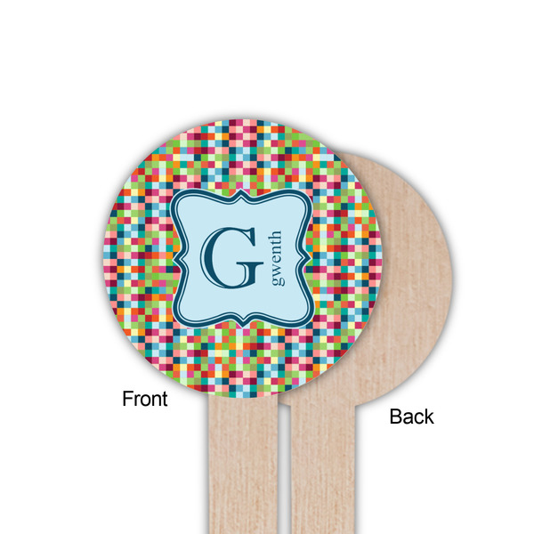 Retro Pixel Squares Wooden 6" Food Pick - Round - Single Sided - Front & Back