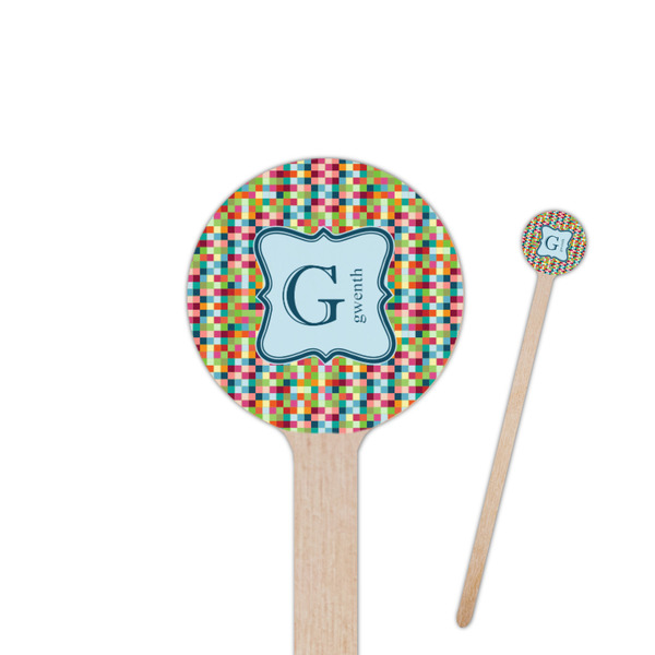 Custom Retro Pixel Squares 6" Round Wooden Stir Sticks - Double Sided (Personalized)