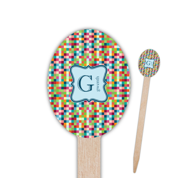 Custom Retro Pixel Squares Oval Wooden Food Picks - Double Sided (Personalized)