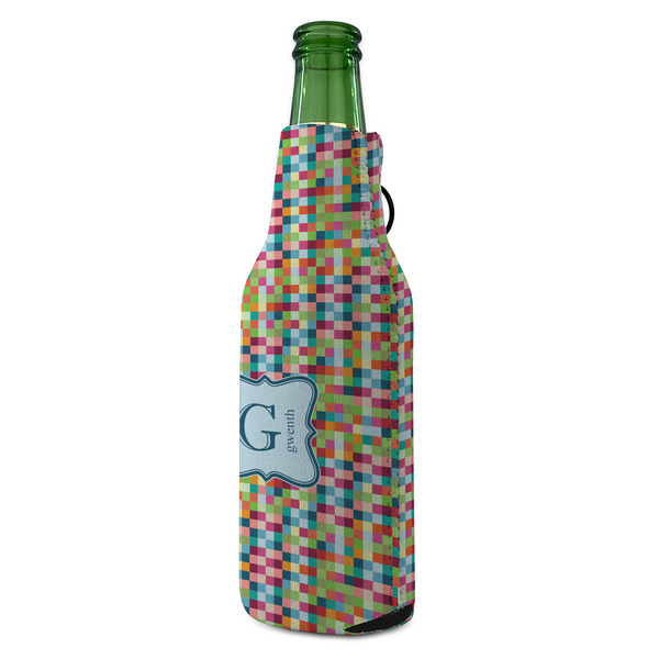 Retro Pixel Squares Zipper Bottle Cooler - ANGLE (bottle)