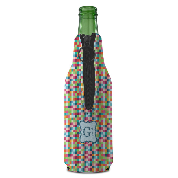 Retro Pixel Squares Zipper Bottle Cooler - BACK (bottle)