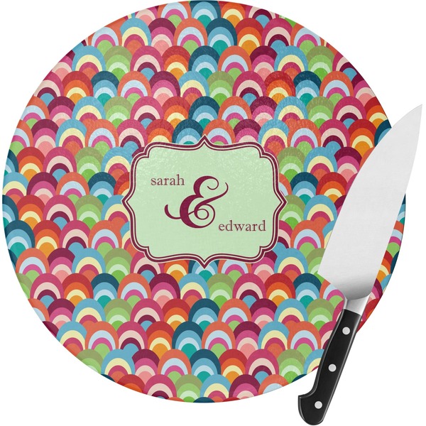 Custom Retro Fishscales Round Glass Cutting Board - Small (Personalized)