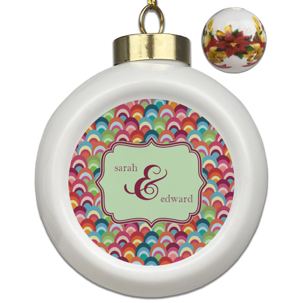 Custom Retro Fishscales Ceramic Ball Ornaments - Poinsettia Garland (Personalized)