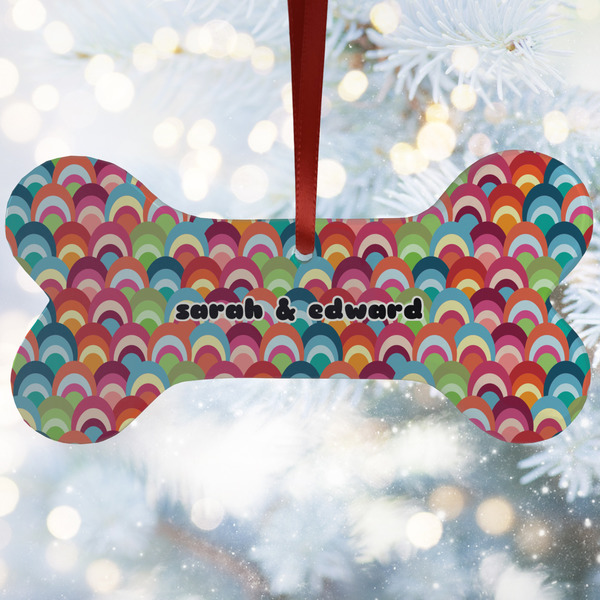 Custom Retro Fishscales Ceramic Dog Ornament w/ Couple's Names