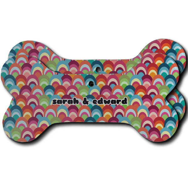 Custom Retro Fishscales Ceramic Dog Ornament - Front & Back w/ Couple's Names