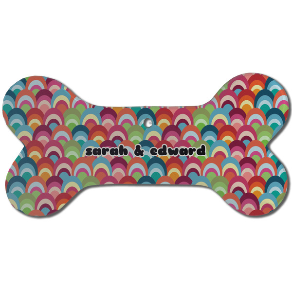 Custom Retro Fishscales Ceramic Dog Ornament - Front w/ Couple's Names