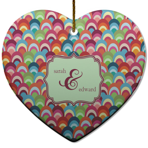 Custom Retro Fishscales Heart Ceramic Ornament w/ Couple's Names