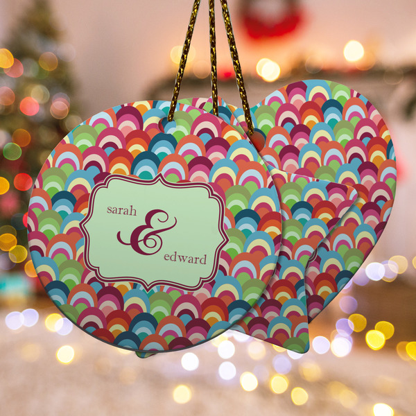 Custom Retro Fishscales Ceramic Ornament w/ Couple's Names