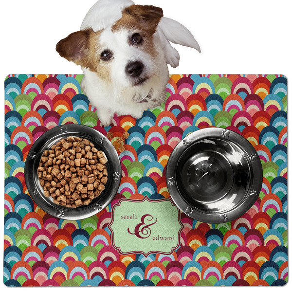 Custom Retro Fishscales Dog Food Mat - Medium w/ Couple's Names