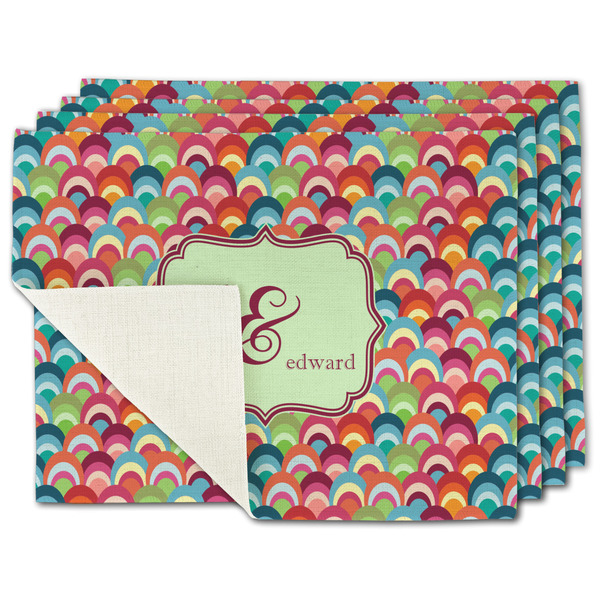 Custom Retro Fishscales Single-Sided Linen Placemat - Set of 4 w/ Couple's Names