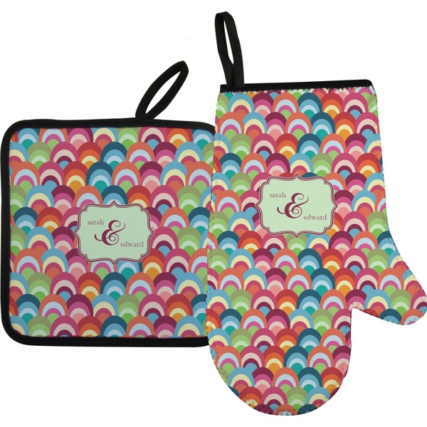 Custom Retro Fishscales Right Oven Mitt & Pot Holder Set w/ Couple's Names
