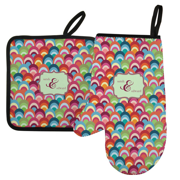 Custom Retro Fishscales Left Oven Mitt & Pot Holder Set w/ Couple's Names