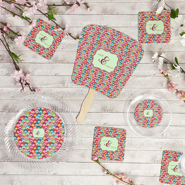 Retro Fishscales Party Supplies Combination Image - All items - Plates, Coasters, Fans