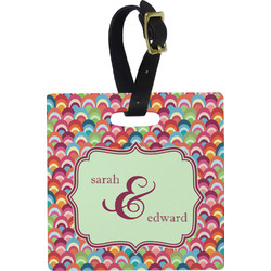 Retro Fishscales Plastic Luggage Tag - Square w/ Couple's Names