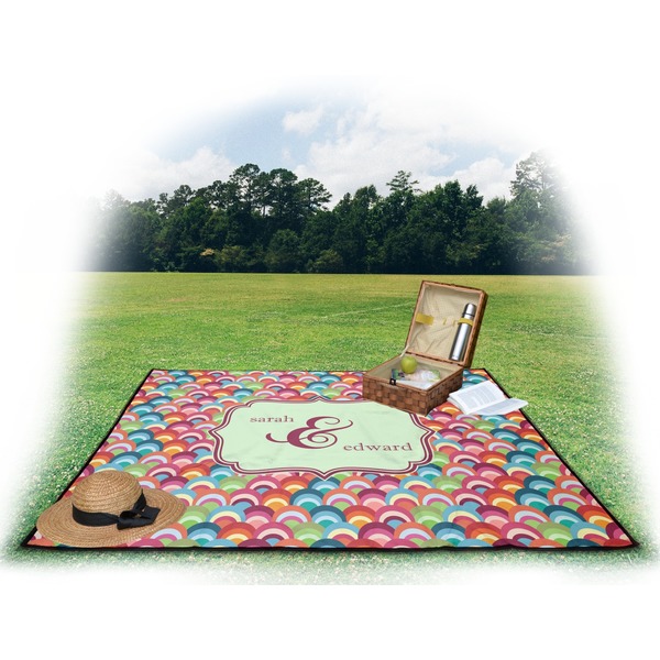 Retro Fishscales Picnic Blanket - with Basket Hat and Book - in Use
