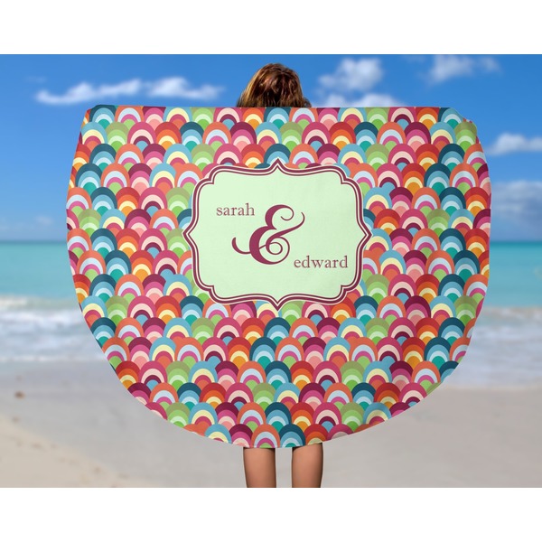 Retro Fishscales Round Beach Towel - In Use