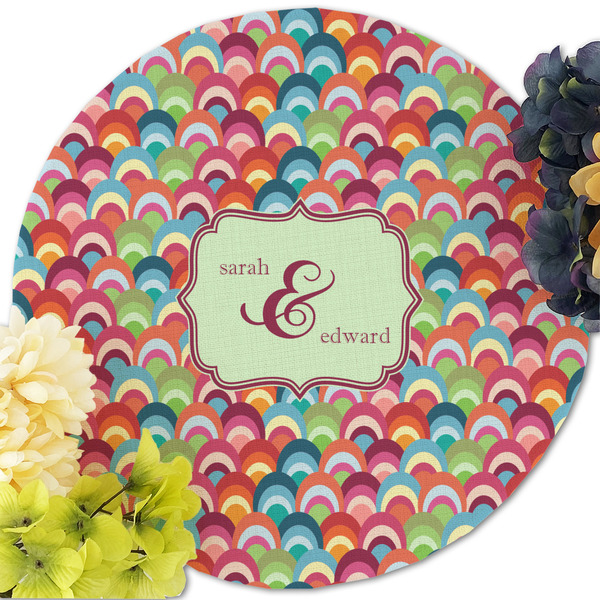 Retro Fishscales Round Linen Placemats - Front (w flowers)