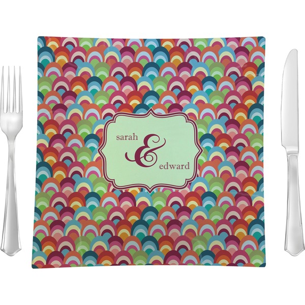 Custom Retro Fishscales 9.5" Glass Square Lunch / Dinner Plate- Single or Set of 4 (Personalized)