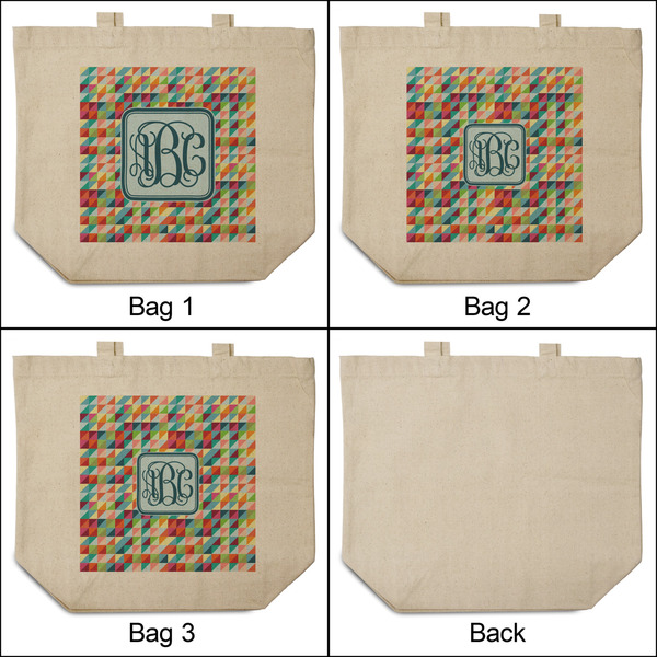 Retro Triangles 3 Reusable Cotton Grocery Bags - Front & Back View