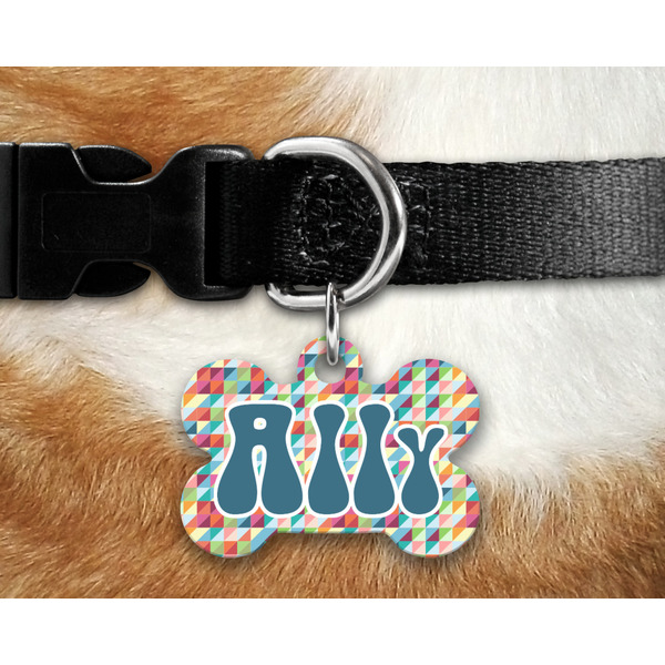 Retro Triangles Bone Shaped Dog Tag on Collar & Dog