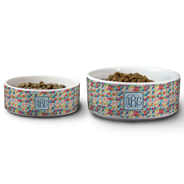 Retro Triangles Ceramic Dog Bowls - Size Comparison