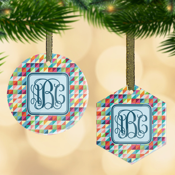Custom Retro Triangles Flat Glass Ornament w/ Monogram