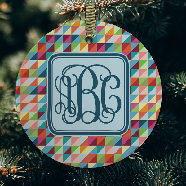 Retro Triangles Frosted Glass Ornament - Round (Lifestyle)