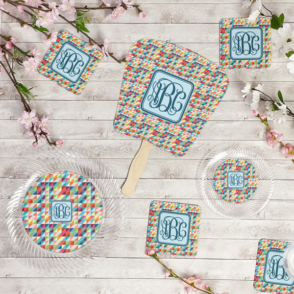 Retro Triangles Party Supplies Combination Image - All items - Plates, Coasters, Fans