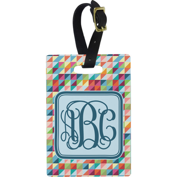 Custom Retro Triangles Plastic Luggage Tag - Rectangular w/ Monogram