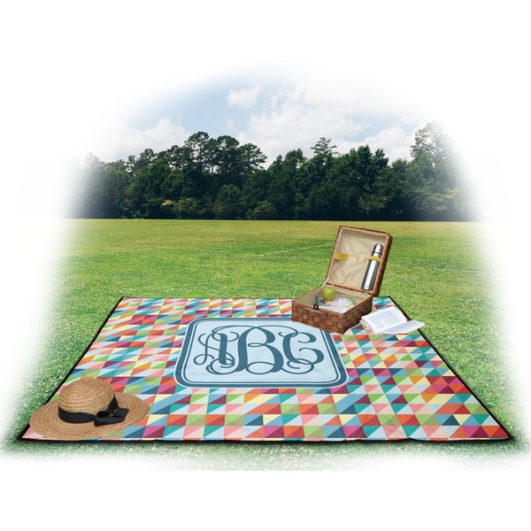 Retro Triangles Picnic Blanket - with Basket Hat and Book - in Use