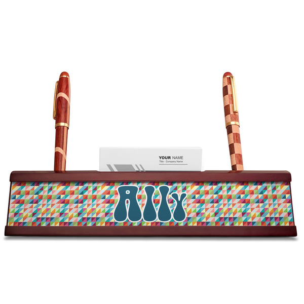 Retro Triangles Red Mahogany Nameplates with Business Card Holder - Straight