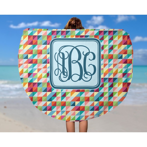 Retro Triangles Round Beach Towel - In Use