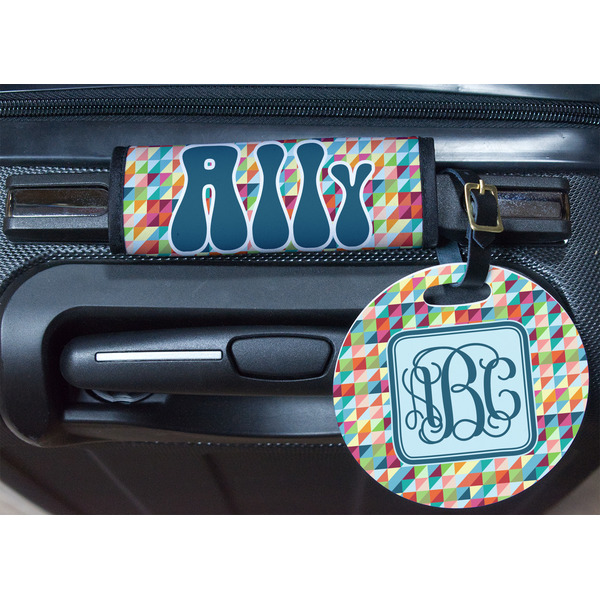 Retro Triangles Round Luggage Tag & Handle Wrap - In Context