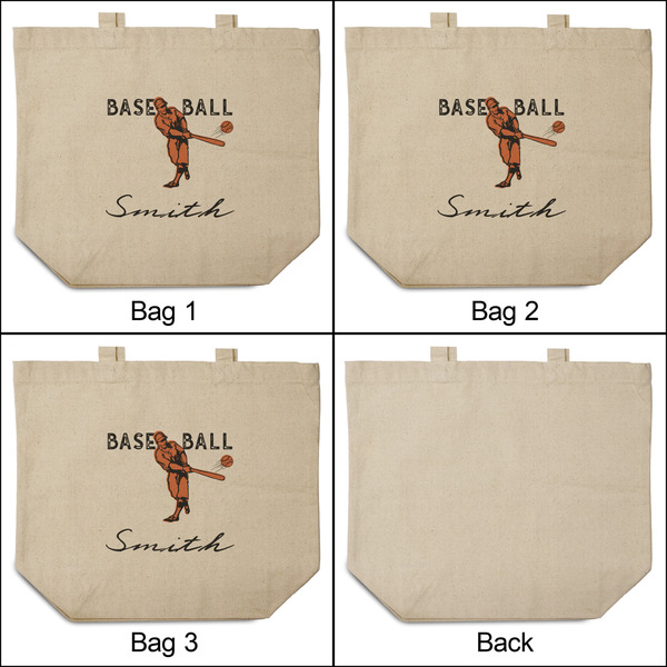 Retro Baseball 3 Reusable Cotton Grocery Bags - Front & Back View