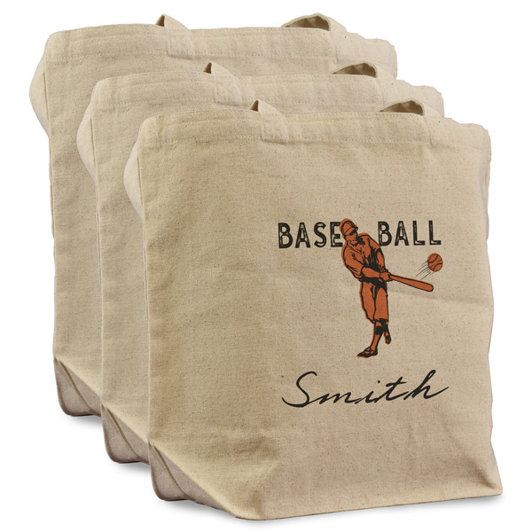 Retro Baseball 3 Reusable Cotton Grocery Bags - Front View