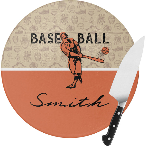 Custom Retro Baseball Round Glass Cutting Board - Small (Personalized)