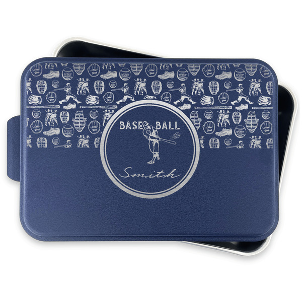 Retro Baseball Aluminum Baking Pan - Navy Lid - FRONT w/lid off